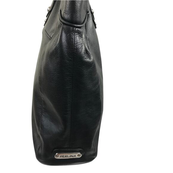 PERLINA NEW YORK Leather Tote Shoulder Bag Black Office Business Everyday Travel - Picture 7 of 11